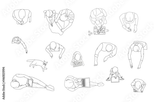 Top View Vector Set of People, Children, Cat Relaxing, cooking— Floor Plan Elements