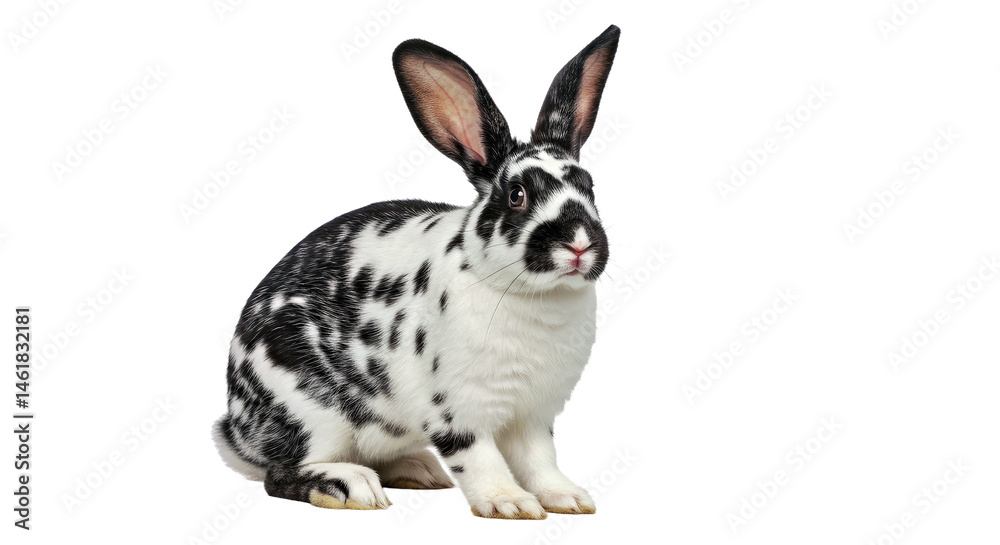 Obraz premium Alert Checkered Giant Rabbit Butterfly Nose Bold Spots Standing Confidently Isolated White Pet Breed