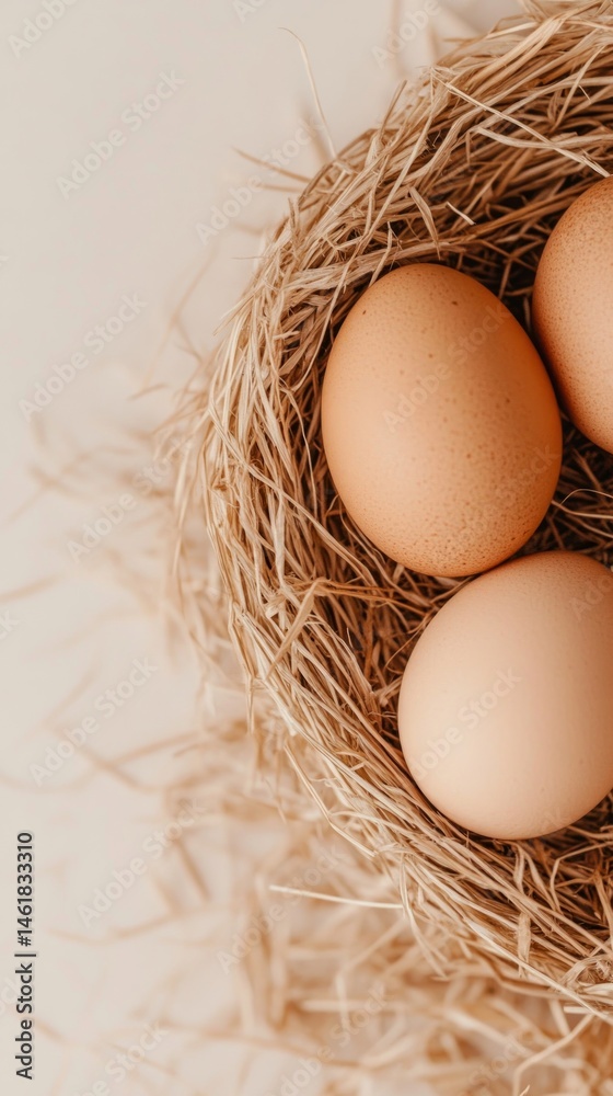 Fresh brown eggs rest in a cozy straw nest, symbolizing the simplicity of farm life and the connection to nature in a tranquil rural environment Fresh brown eggs rest in a cozy straw nest, symbolizing the simplicity of farm life and the connection to nature in a tranquil rural environment