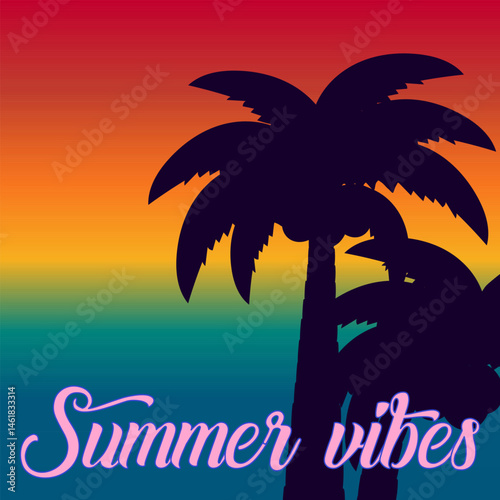 Summer illustration with silhouettes of tropical coconut palms on a gradient background of sunset. Palm tree with coconuts in evening tropics. Summer vibes. For summertime, beach, and outdoor design.