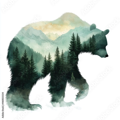 Bear silhouette with misty mountain and forest landscape
