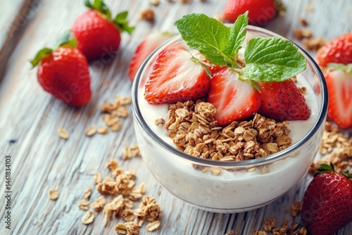 Yogurt parfait with granola and strawberries