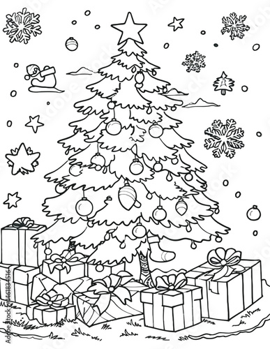 Cheerful cartoon depiction of Santa Claus holding Christmas ornaments amidst wrapped gifts and snowflakes. Ideal for holiday themes, celebrations, and festive decorations.

