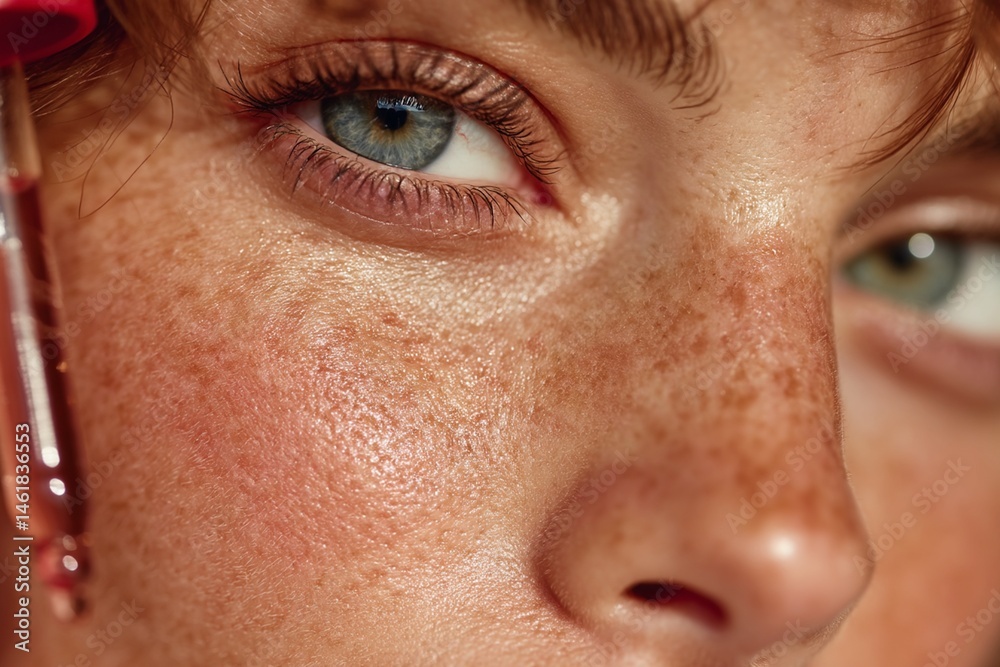Obraz premium Close-up of a girl's face, applying facial serum with a dropper to her skin 