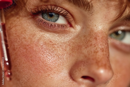 Close-up of a girl's face, applying facial serum with a dropper to her skin 
