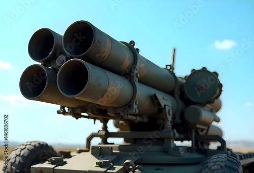 Military rocket launch system with multiple missile tubes aimed skyward photo