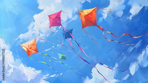 Sky with Colorful Kites: A bright sky with colorful kites soaring, representing joy and playfulness. 
