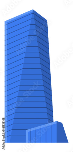 Contemporary blue skyscraper stands tall against a white backdrop, its sleek design accentuated by an adjacent, smaller structure, creating a powerful symbol of urban architecture