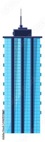 Modern skyscraper standing tall with antenna on top, showcasing contemporary urban architecture with blue glass facade reflecting the sky, symbolizing progress and innovation in city landscapes