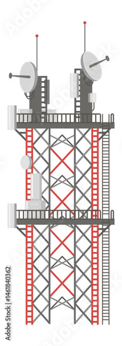 Telecommunication tower with parabolic antennas and other transmission and reception equipment is connecting and transmitting data, ensuring global communication