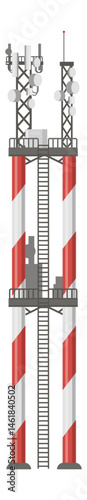 Telecommunication tower with antennas ensuring stable signal transmission and broadcasting over long distances, featuring a sturdy structure with platforms and a ladder for maintenance access