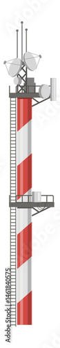 Red and white striped telecommunication tower with multiple satellite dishes, antennas, platforms and a ladder on white background broadcasts a signal