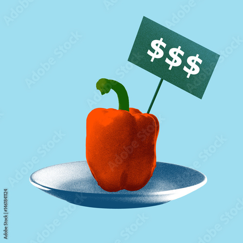 Conceptual art design. Red bell pepper on plate with money sign price tag against blue background. Textured effect. Concept of single-item cost increase in modern consumer market.