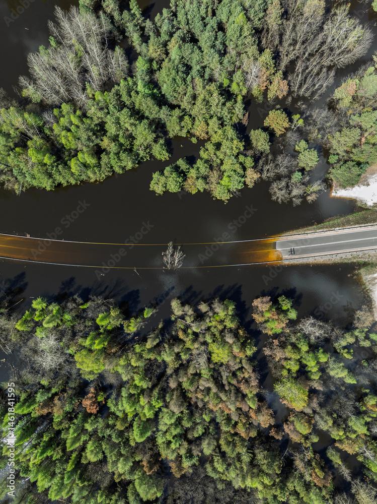 Lake District swallow hole flooded as a result of the mining damage Pomorzany mine in Olkusz,Poland. Aerial drone view of flooded road. Forest submerged in a lake. Sunken sandpit with clear water