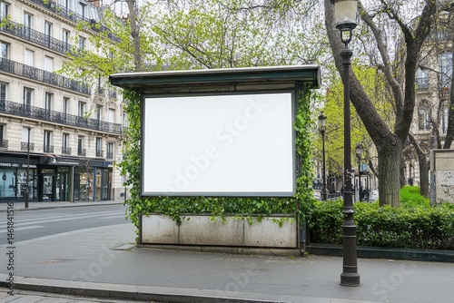 Fototapeta Naklejka Na Ścianę i Meble -  Blank advertising kiosk in Parisian street scene