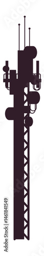 Silhouette of a telecommunication tower with various antennas and satellite dishes, symbolizing data transmission and network connectivity in a simple yet effective visual representation