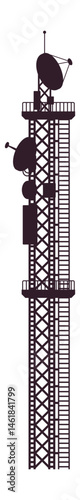 Silhouette of a telecommunication tower with multiple satellite dishes and antennas transmitting data wirelessly, ensuring seamless communication and connectivity