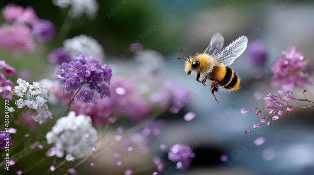 Little bumblebee cartoon with oversized eyes flying above a flower field for nature-themed packaging,