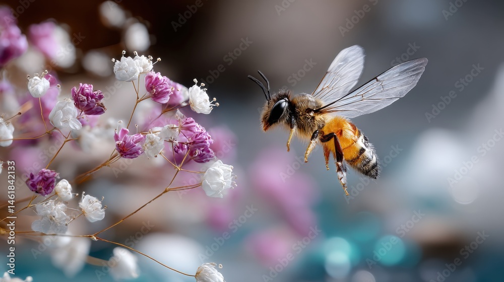 Little bumblebee cartoon with oversized eyes flying above a flower field for nature-themed packaging,