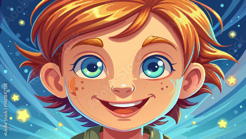 Dreamy portrait of a smiling child with sparkling eyes and freckles