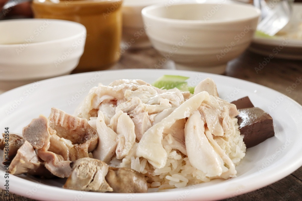 Steamed rice topped with chicken Singapore street food Steamed rice topped with chicken Singapore street food