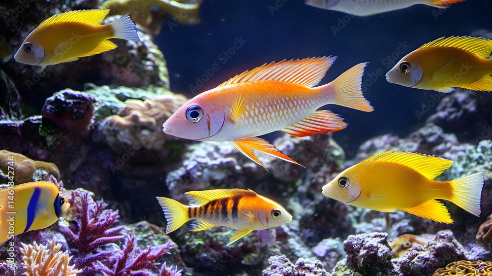 Fototapeta premium Vibrant aquatic scene of colorful fish within a coral reef aquarium.