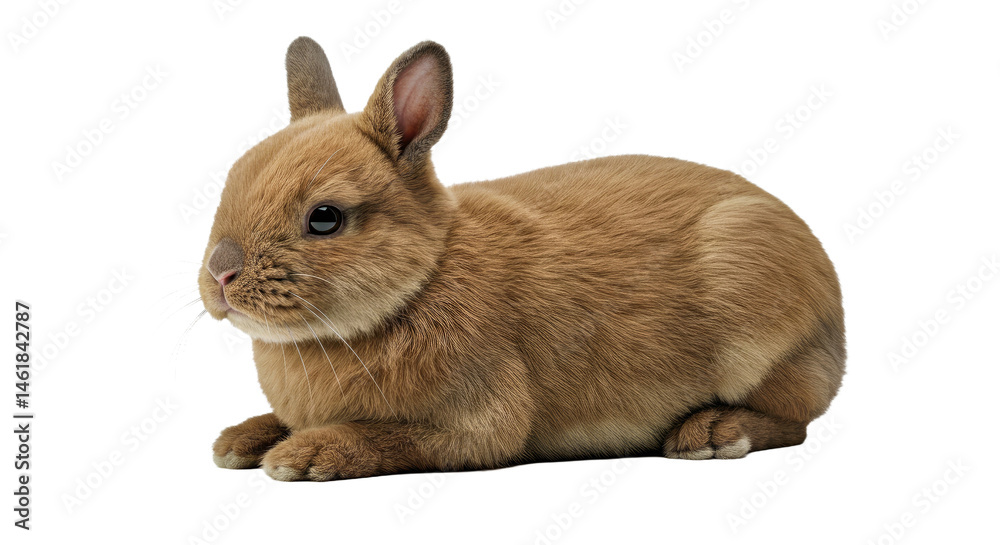 Obraz premium Calm Netherland Dwarf Rabbit Lying Down Thick Short Fur Relaxed Pose Isolated White Pet Tiny Bunny