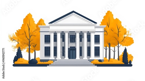 A large white building with a white front and orange leaves on the trees