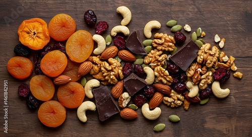 Healthy trail mix with dried fruits, nuts, seeds, and dark chocolate