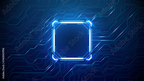 Abstract technology background with light blue neon frame. Tech HUD element with empty text space. Digital tech bg. Circuit board and neon portal.  Design element for futuristic interface. Vector 