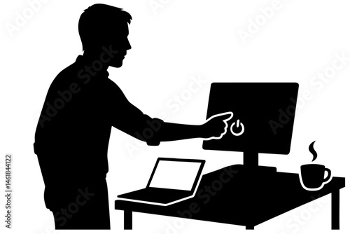 vector of boy shutting down his PC