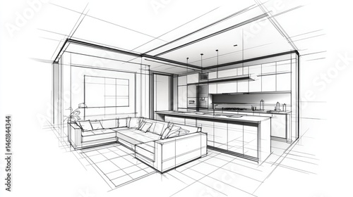 Architectural design sketch of a modern kitchen and living area.