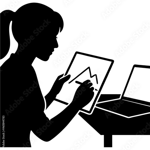 vector of girl sketching something in front of laptop.