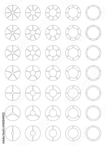 Circle division from 2 to 8 equal parts. Diagrams with segments. Coaching empty blank. Pie, pizza chart icon. Set of Infographics. Wheel round divided. Section graph black line art. Donut flat charts.