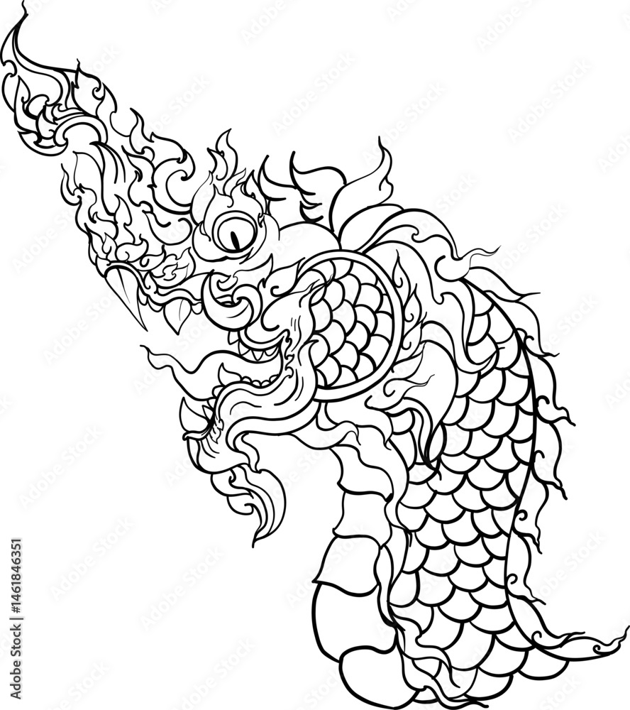 Obraz premium black-and-white illustration of a mythical dragon-naga hybrid face. The artwork combines the fierce expression of a Chinese dragon with the ornamental flames, scales,