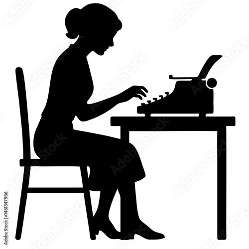vector of girl working on typewriter.