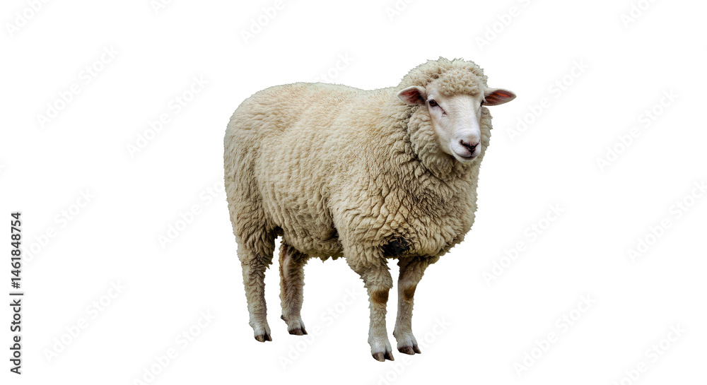 Fototapeta premium Full-Grown Merino Sheep Thick Dense White Wool Calm Expression Standing Isolated White Farm Animal