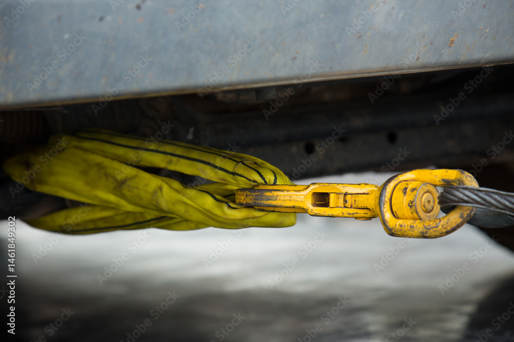 Close up of a winch recovery connection to a 4WD vehicle