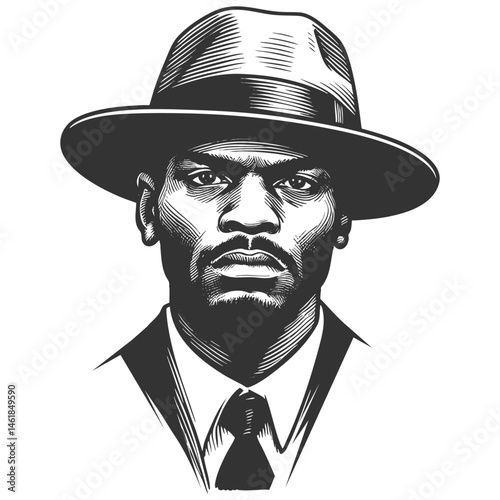 African-American gangster man in a suit, tie, and fedora hat sketch engraving generative ai fictional character vector illustration. Scratch board imitation. Black and white image.