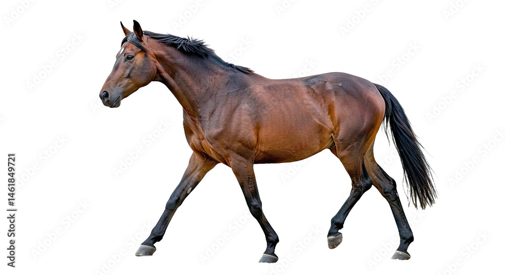 Naklejka premium Grace Horse Walking Delicately Long Legs Shiny Coat Fluid Motion Isolated White Elegant Equine Beauty