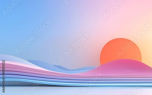 Pastel landscape with layered waves and sunrise