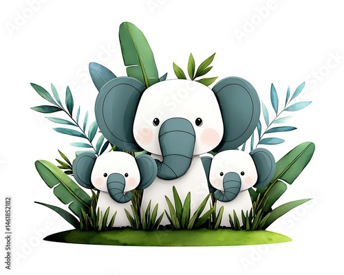 Cute elephants in a lush jungle