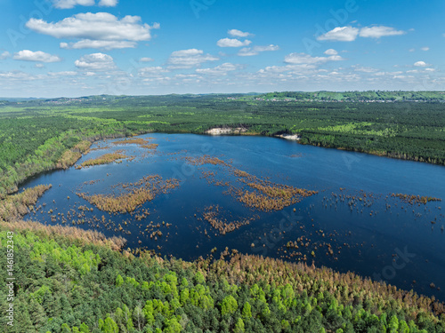 Obraz na płótnie Lake District swallow hole flooded as a result of the mining damage Pomorzany mine in Olkusz,Poland. Aerial drone view of flooded sand pit. Forest submerged in a lake. Sunken sandpit with clear water w salonie