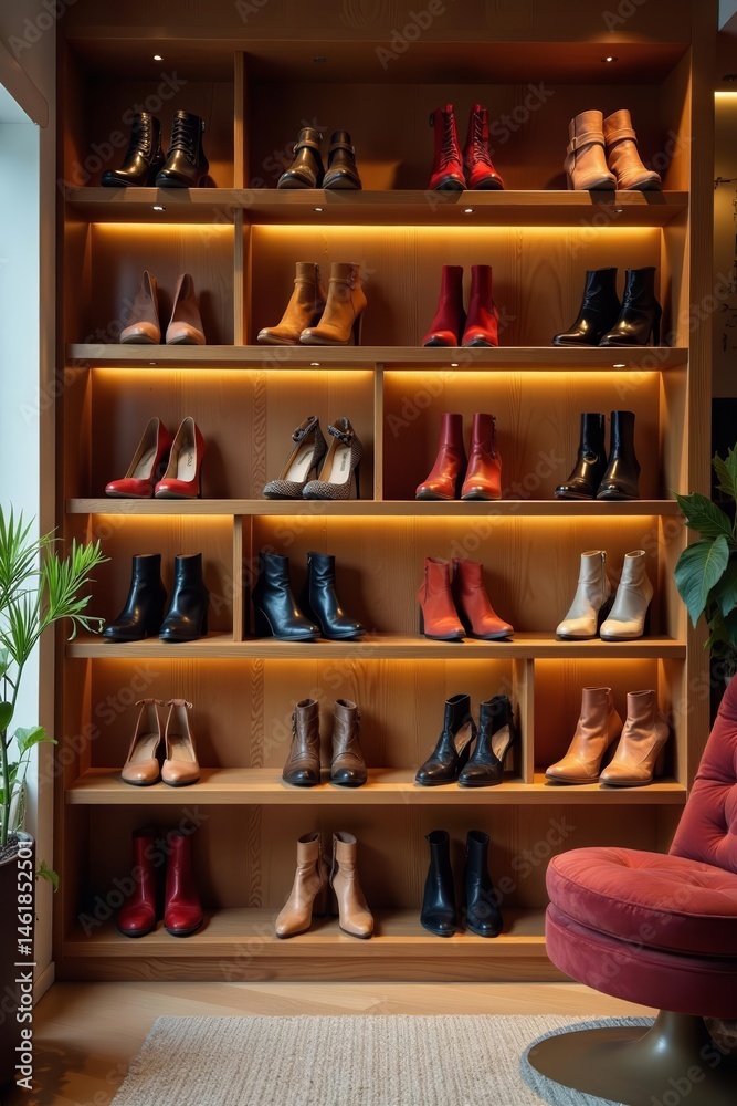 Cozy boutique showcasing trendy high heels and boots on wooden shelves, boutique, luxury Cozy boutique showcasing trendy high heels and boots on wooden shelves, boutique, luxury