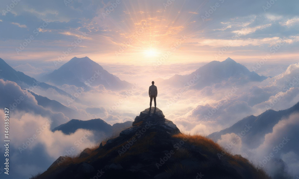 Hiker Standing On Mountain Peak Under Majestic Sunrise Sky Hiker Standing On Mountain Peak Under Majestic Sunrise Sky