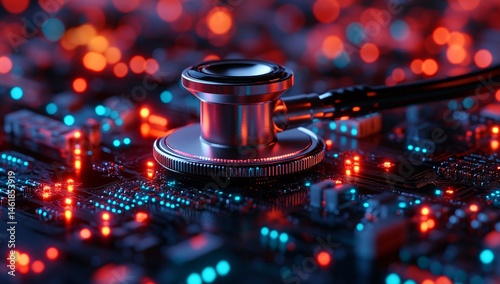 Fusion of Healthcare and Technology: Stethoscope on Circuit Board photo