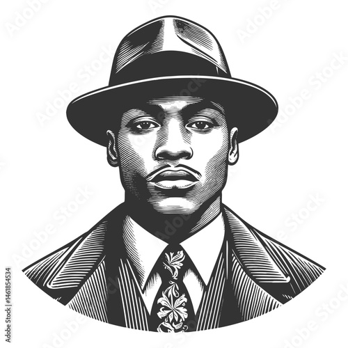African-American gangster man in a suit, tie, and fedora hat sketch engraving generative ai fictional character vector illustration. Scratch board imitation. Black and white image.