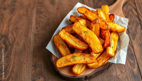 Crispy golden potato wedges served on a rustic wooden board, board, still life