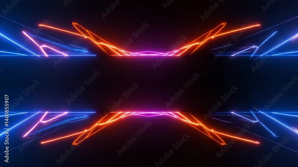 Neon light streaks in violet, blue, and orange form symmetrical triangular shapes against a dark backdrop, creating an abstract modern look.