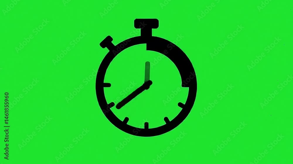 Flat design analog stopwatch icon on green screen.Time transition on the chronometer represented in black color. Empty to full. Timer sign on chroma key background. Clock symbol animation in 4k